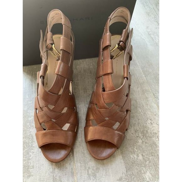 Elie Tahari High Heel Peep Toe Sandals Leather Tan Brown Strappy Designer 39 9 - Picture 4 of 10
